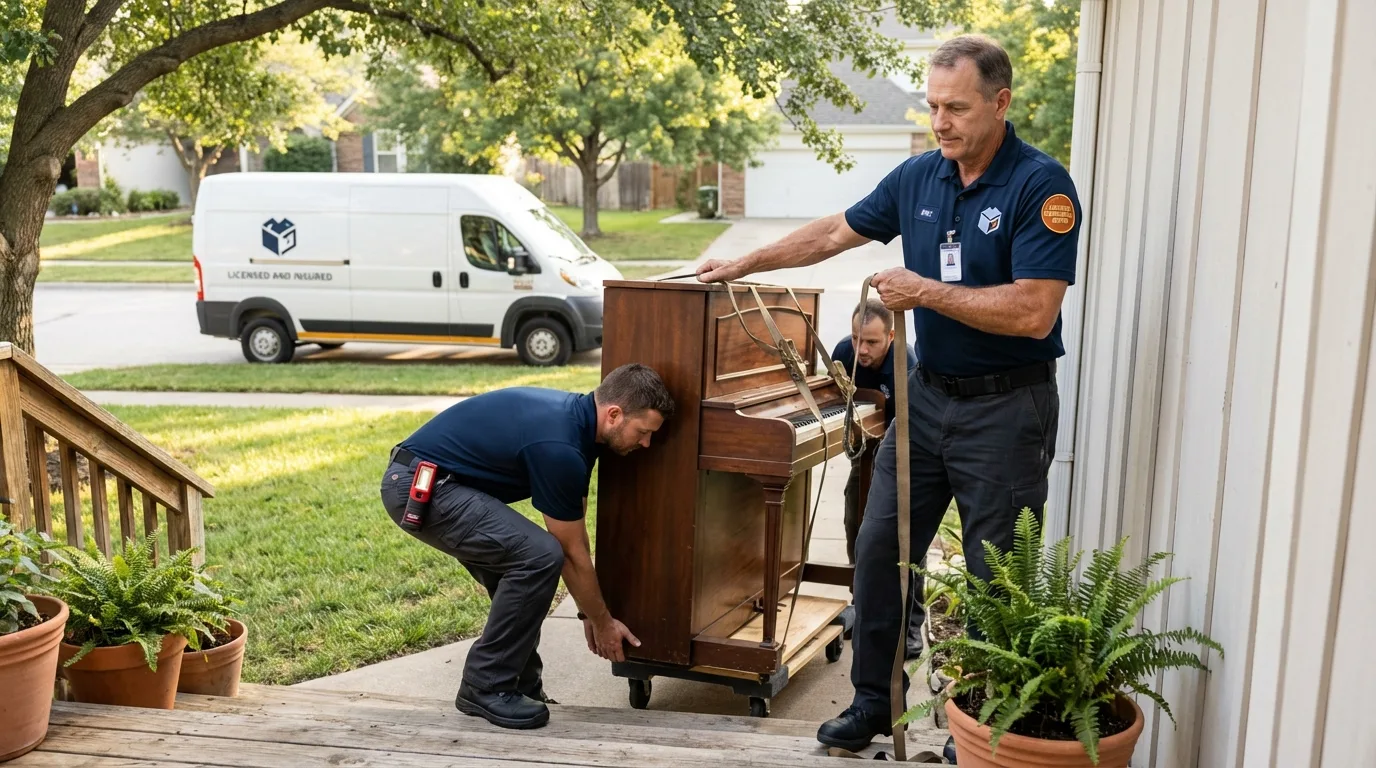 Licensed piano movers securing grand piano in Hadley, MA