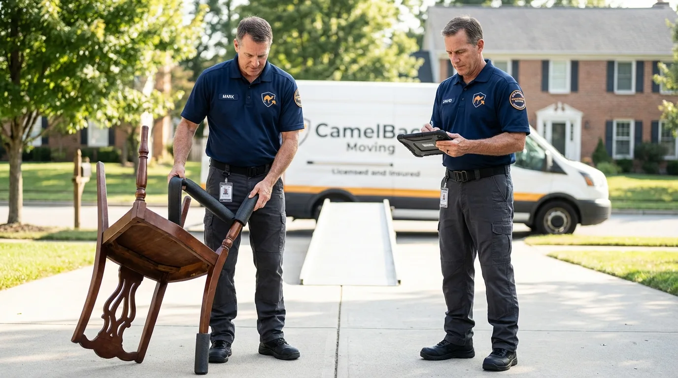 Movers inspecting furniture for damage prevention before loading in Hadley, MA