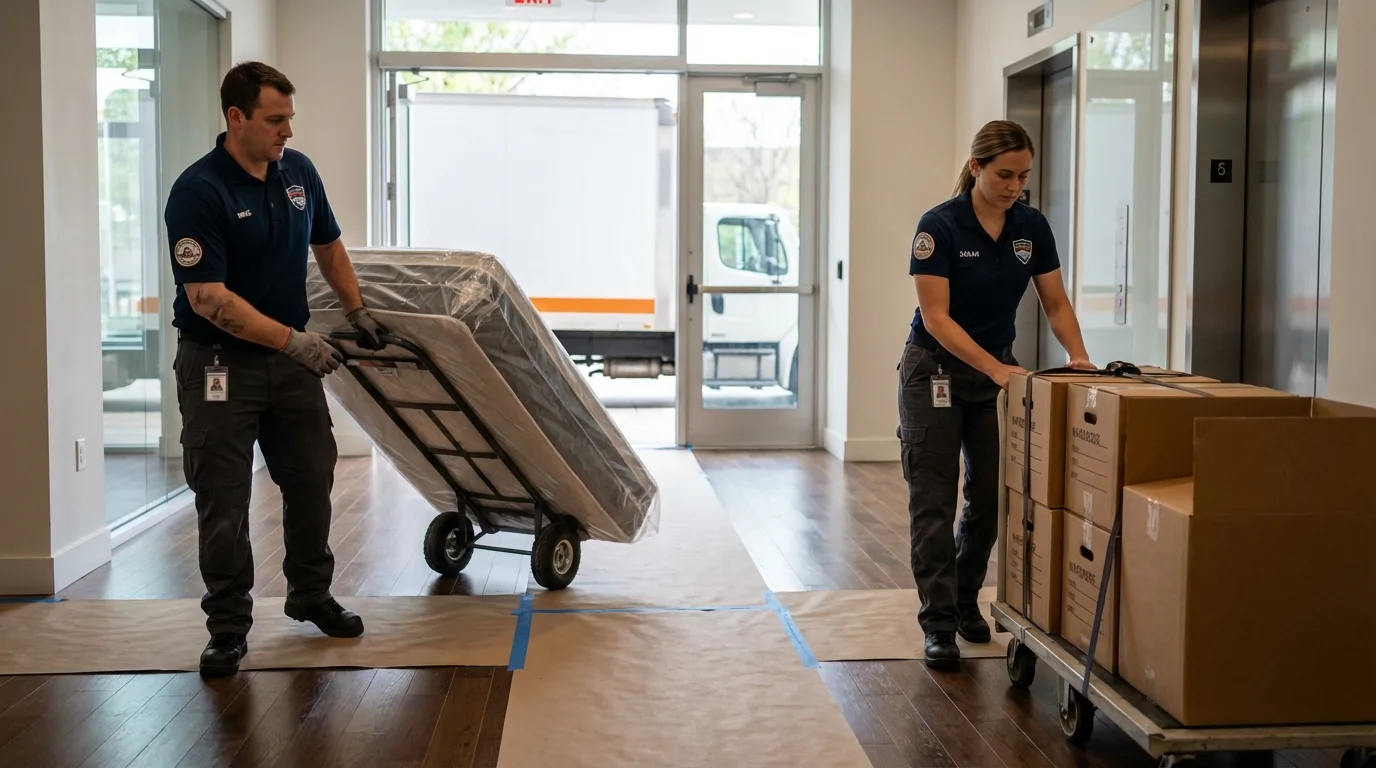 Professional apartment movers loading elevator in Hadley, MA