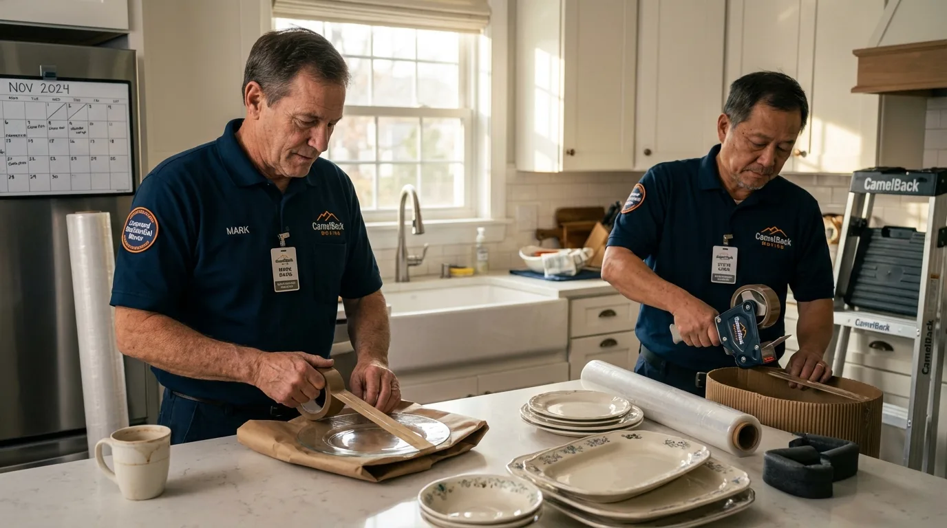 Professional crew packing kitchen dishware in Hadley, MA